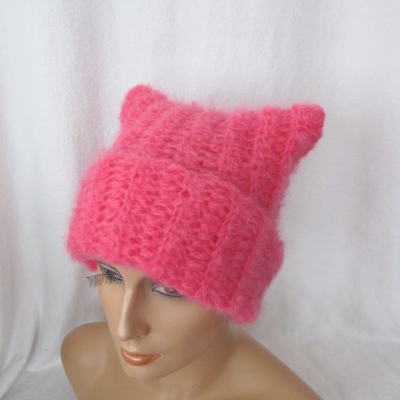 Bright Pink Mohair Cat Ear Beanie - Picture 2 of 8